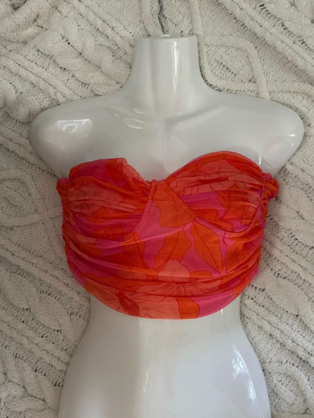 ZARA Pink Orange Floral Mesh Ruched Corset Bustier Strapless Top Medium - Picture 6 of 9
